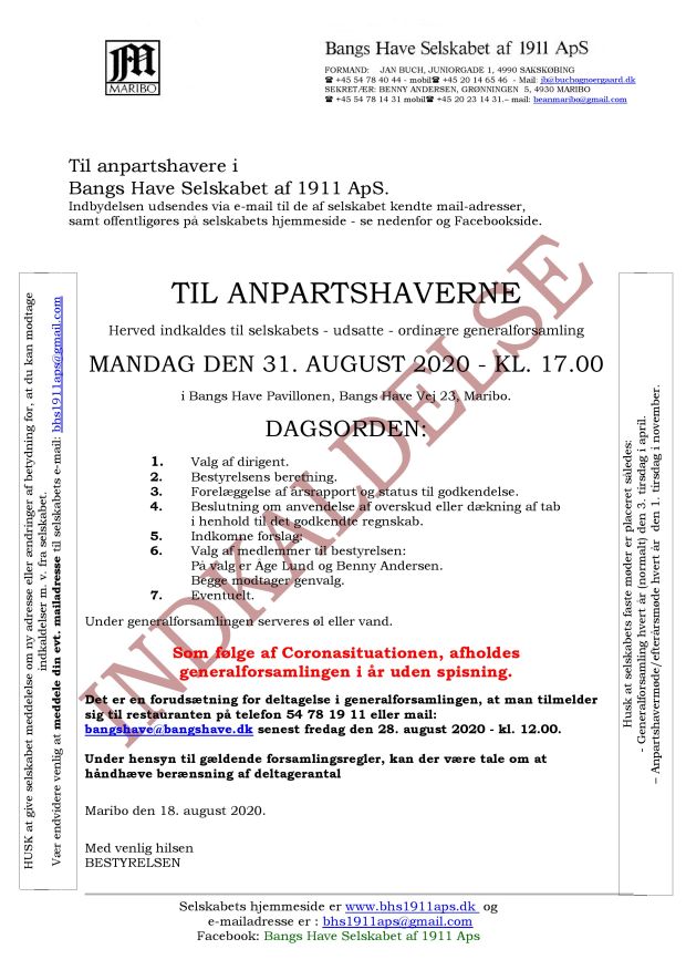Generalforsamling 2020 - indkaldelse - august